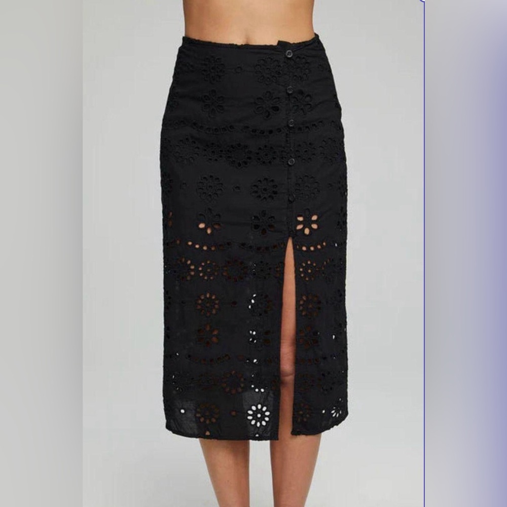 Chaser Black Floral High Waisted Embroidered Midi Skirt